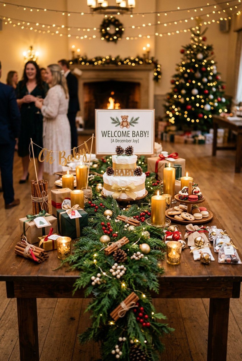 A festive table display featuring fresh pine garlands, golden candles, and cinnamon stick bundles