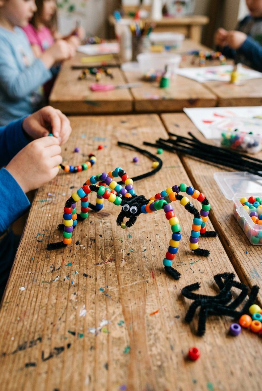 Black pipe cleaners threaded with pony beads bent into spider legs with a central bead body
