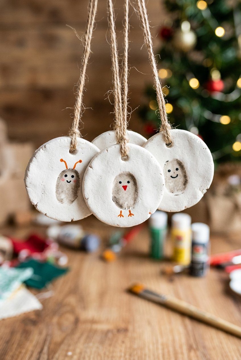 White air-dry clay ornaments stamped with child thumbprints painted with tiny black eyes
