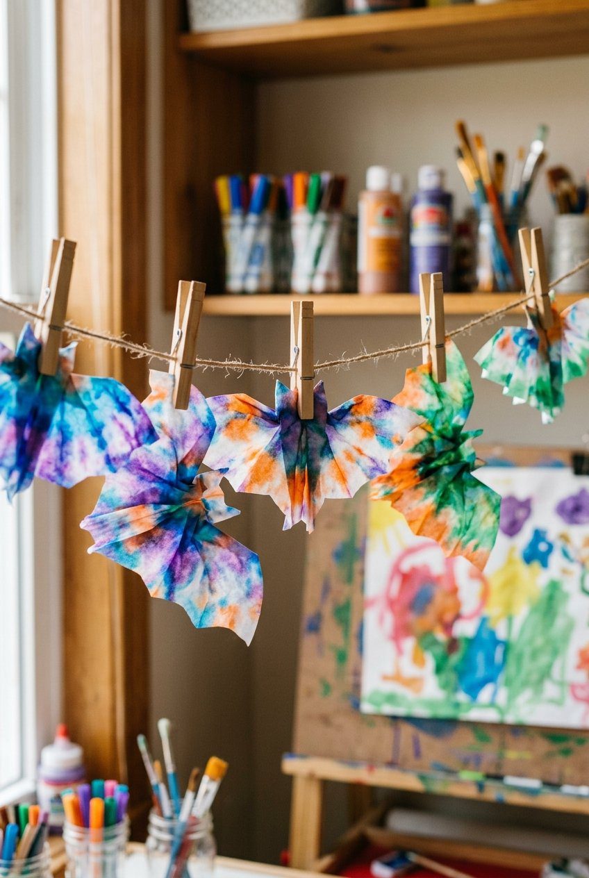 Coffee filters colored with washable markers, sprayed with water, and clipped into bat shapes