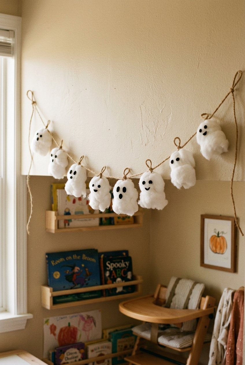 Fluffy white cotton ball ghosts strung on twine with black felt eyes hanging against a wall