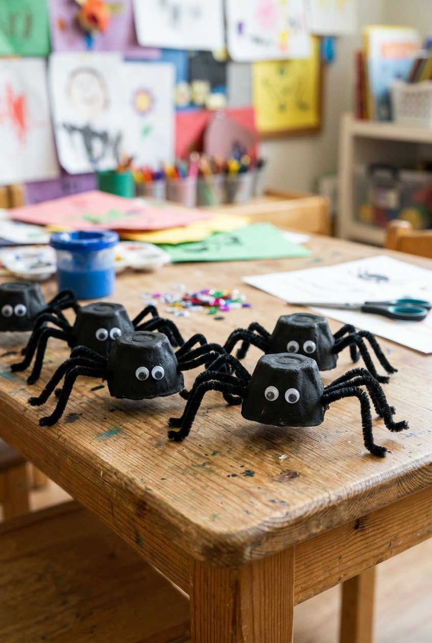 Black painted egg carton cups with black pipe cleaner legs and small red eyes