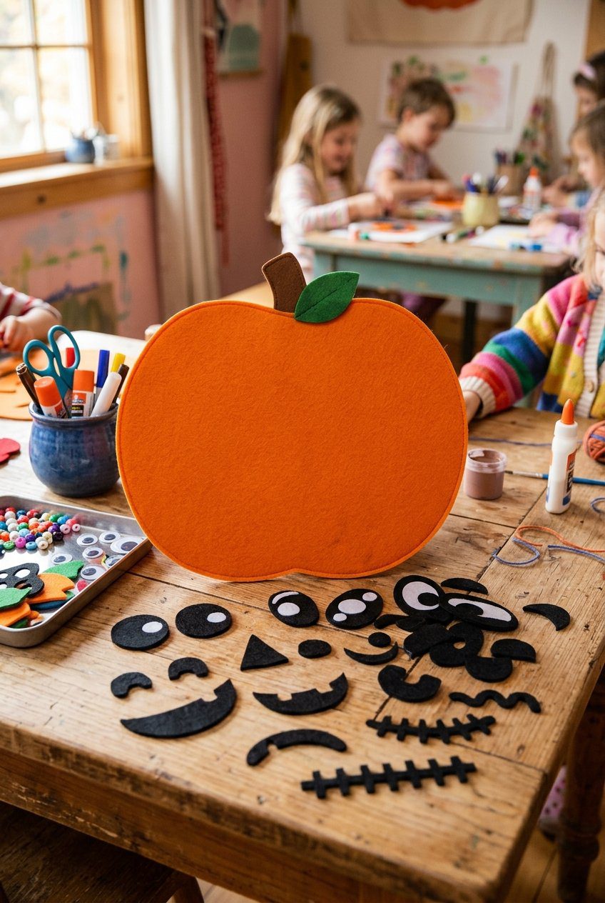 A large orange felt pumpkin board with loose black felt eyes, noses, and mouth shapes