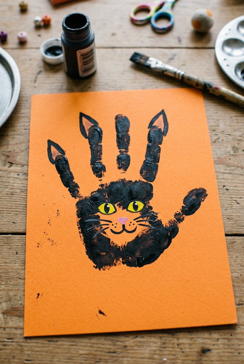 Black paint handprint on orange paper transformed into a cat with painted ears and whiskers