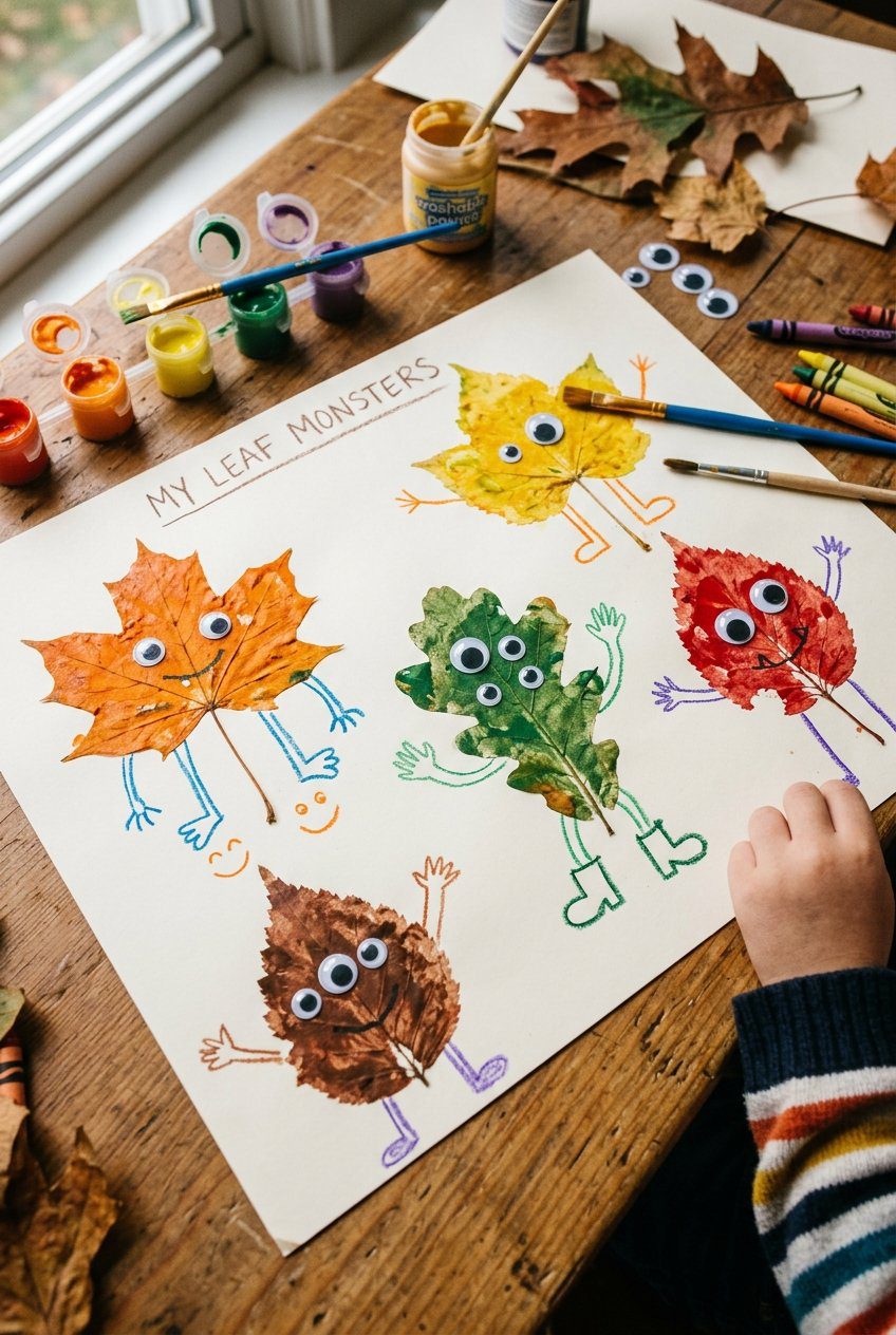 Pressed autumn leaves stamped with washable paint onto paper decorated with monster eyes