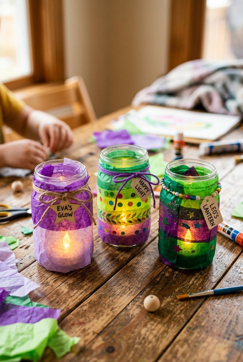 Glass mason jars wrapped in colorful tissue paper with battery LED tea lights inside