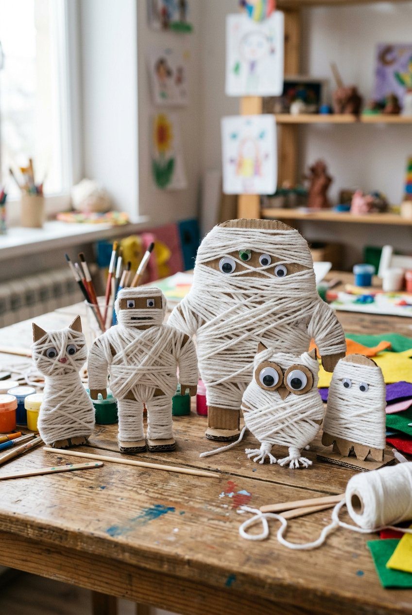 Cardboard cutouts wrapped tightly in white yarn with googly eyes peeking out