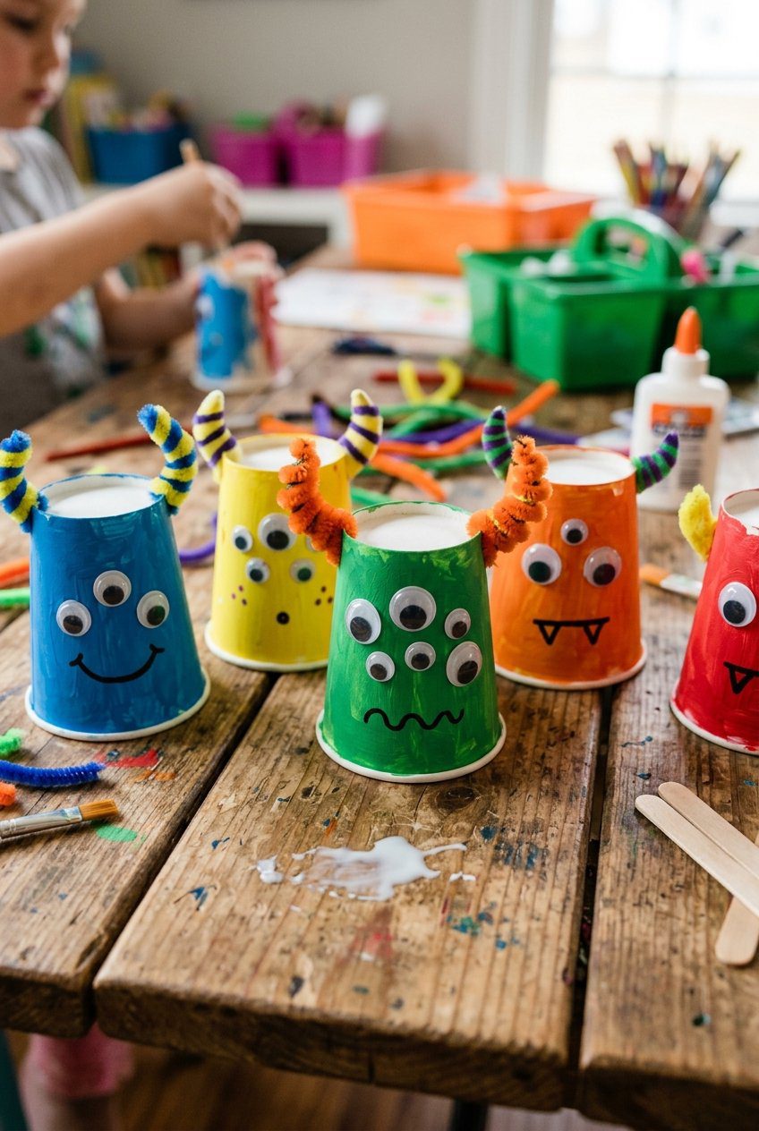 Brightly painted paper cups decorated with multiple googly eyes and pipe cleaner horns