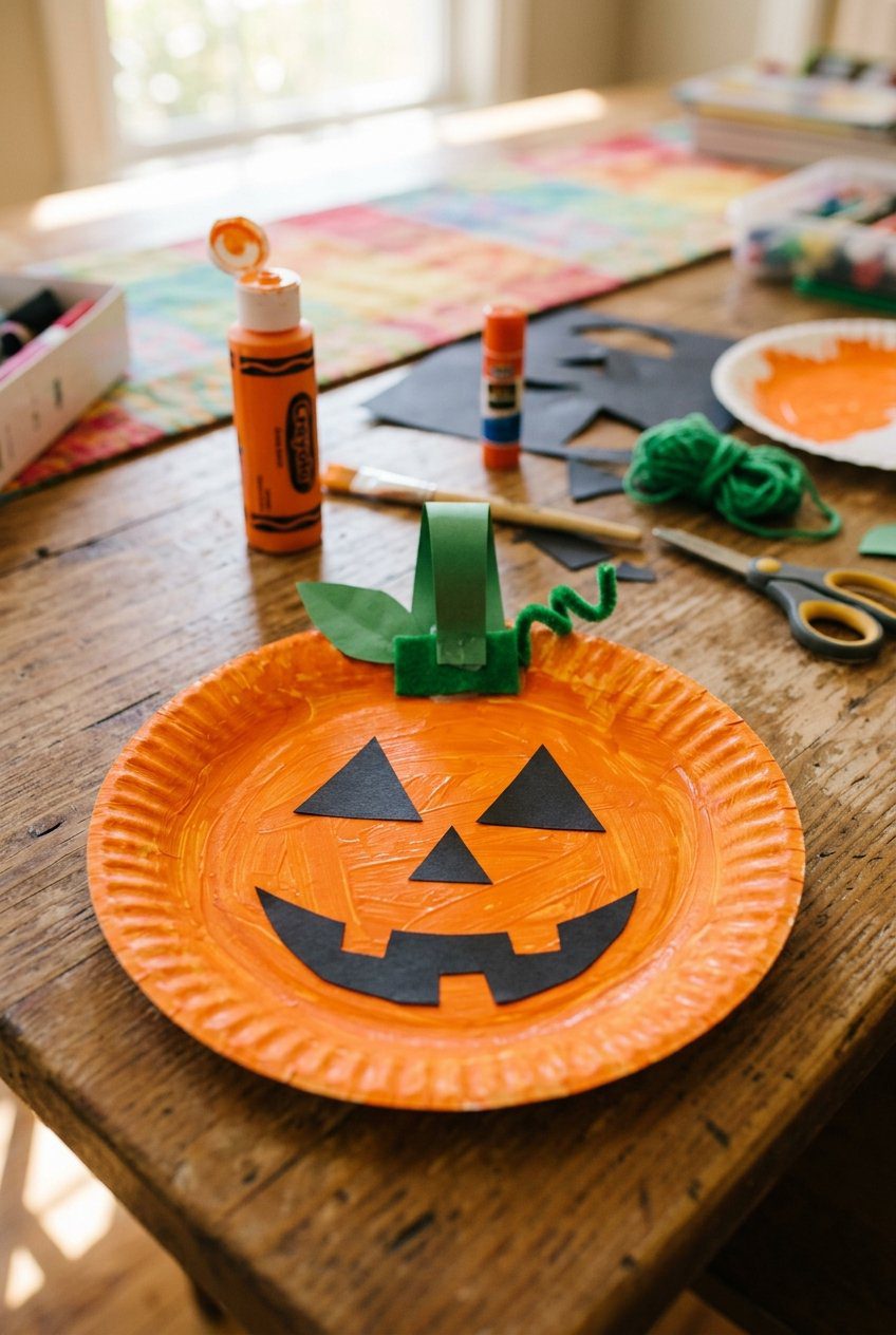 A bright orange painted paper plate pumpkin with black paper face cutouts and a green stem