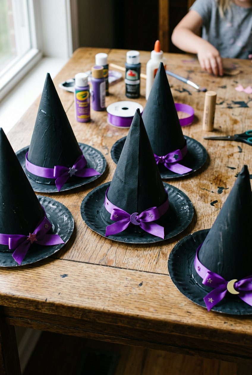 Paper cone witch hats painted black glued onto paper plate rims with purple ribbon accents