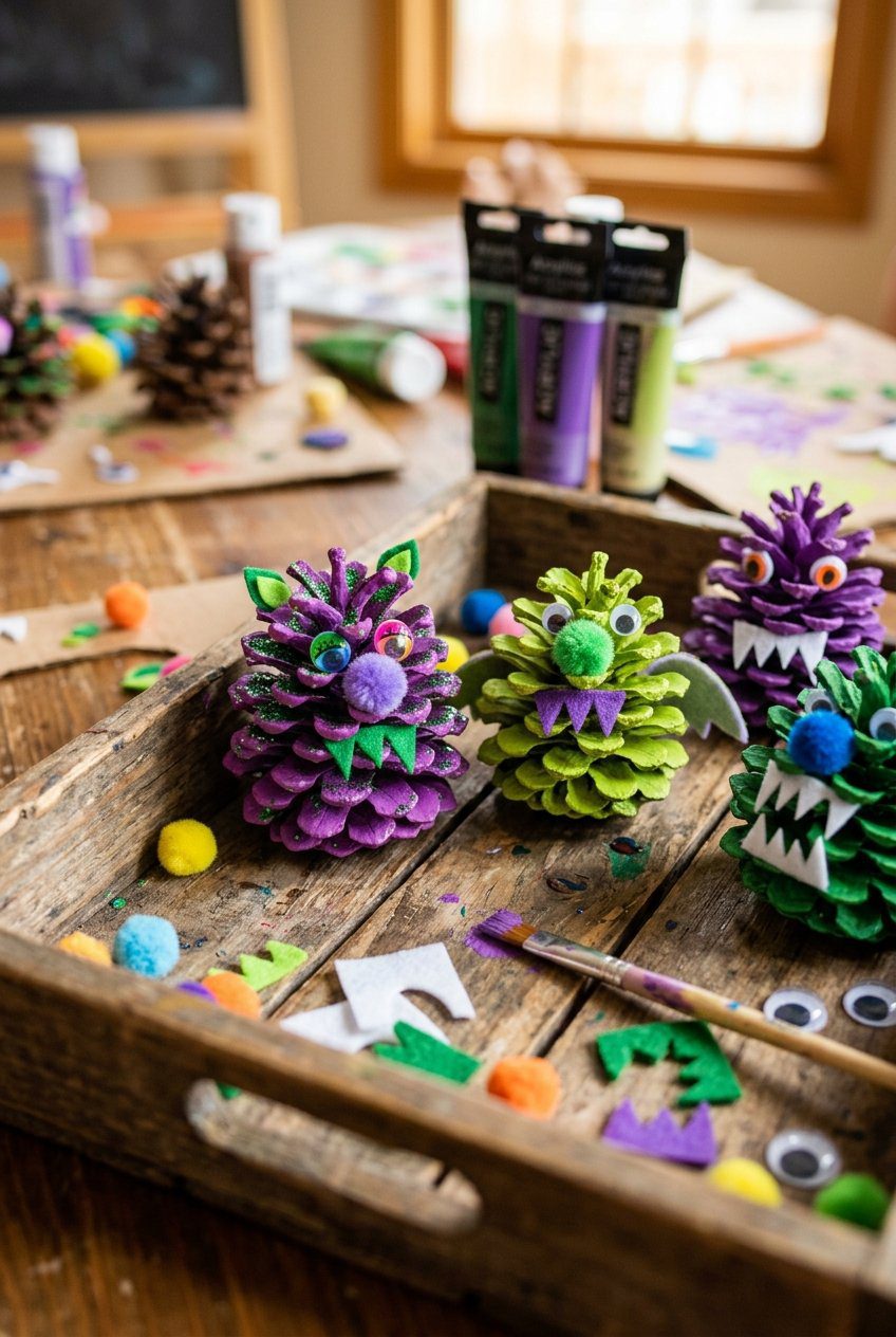 Natural pinecones painted in purple and green acrylic colors with pom-poms and felt teeth