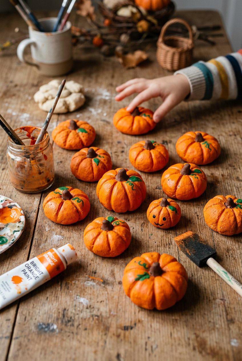Baked homemade salt dough pumpkin shapes painted with orange craft paint and sealed