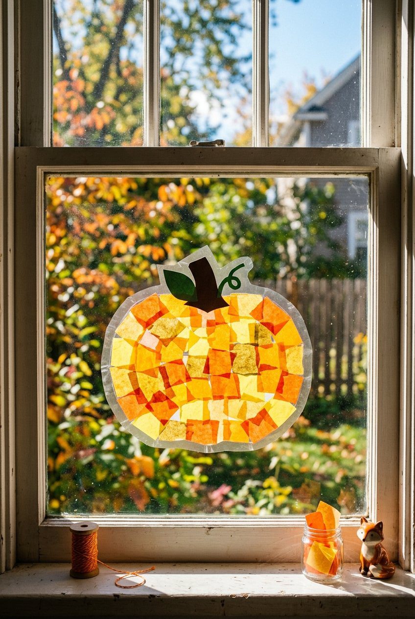 Contact paper pumpkin silhouette filled with bright orange and yellow tissue paper squares on a window