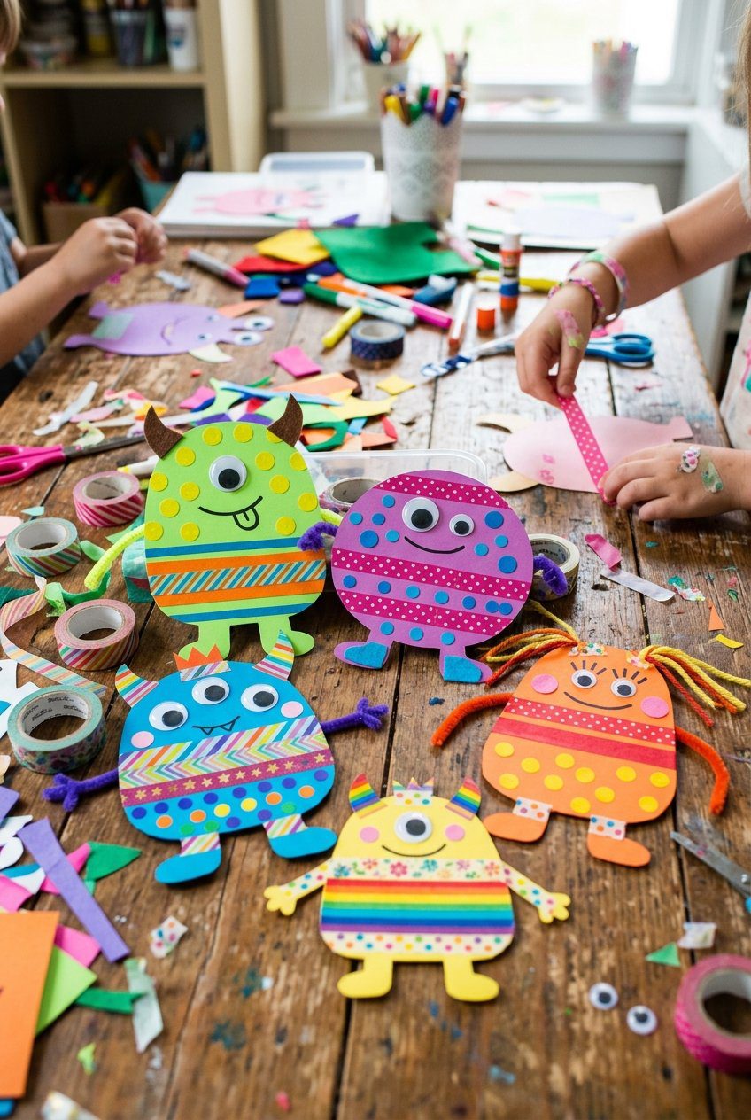 Colorful monster cutouts covered in striped and polka-dot washi tape strips