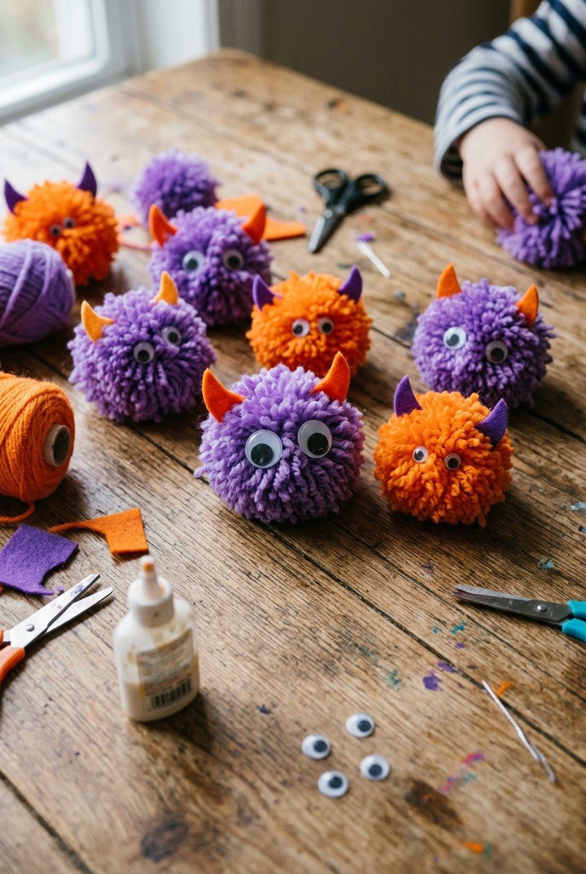 Fluffy yarn pom-poms in purple and orange with felt horns and googly eyes glued on top