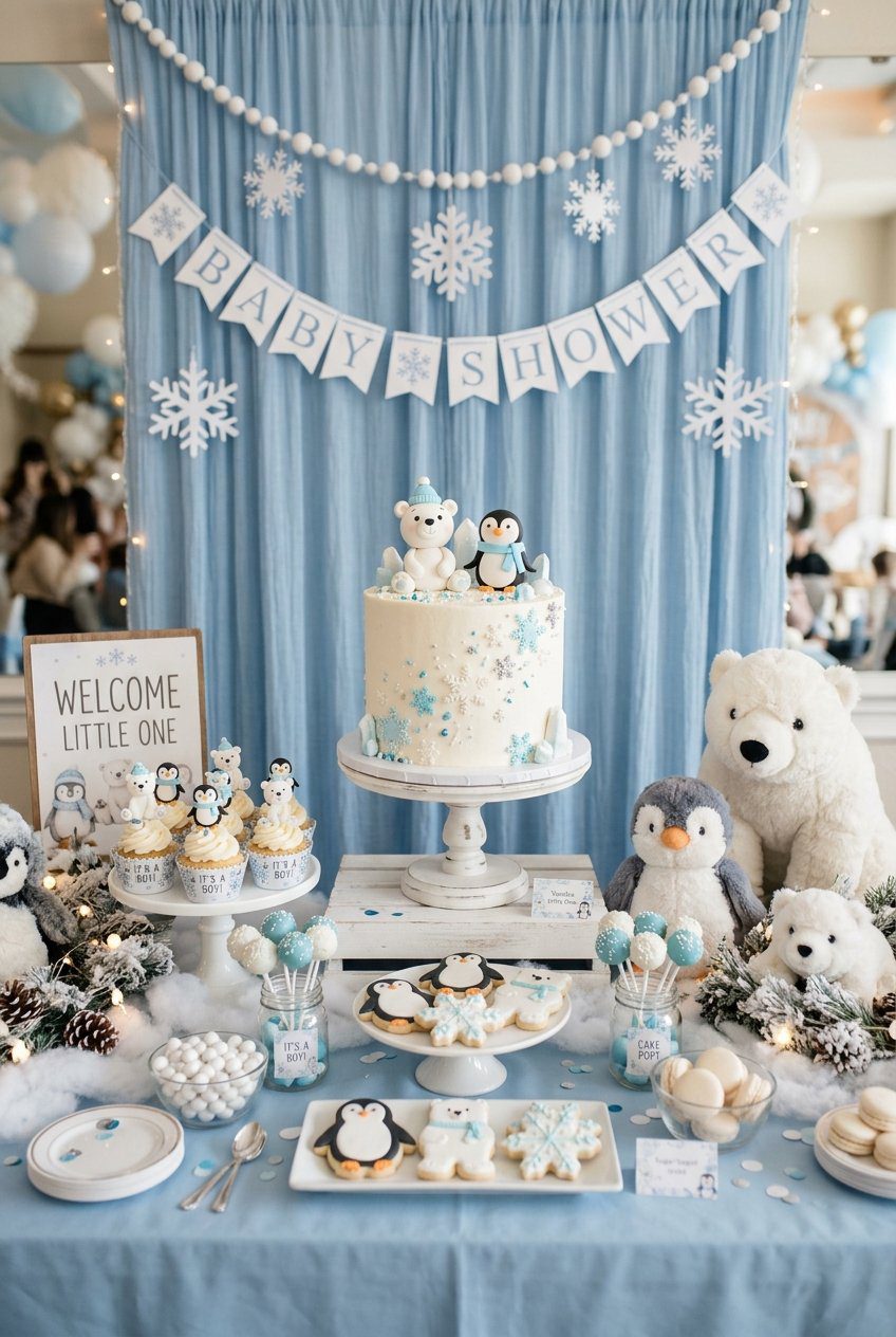 A cute arctic animal baby shower dessert table featuring penguin and polar bear cake toppers