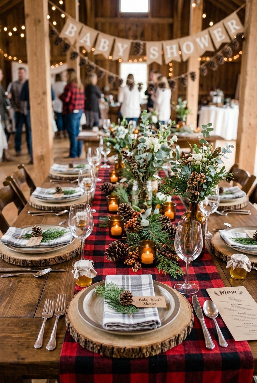 A rustic buffalo plaid flannel baby shower table setting with wooden chargers and amber glass candles