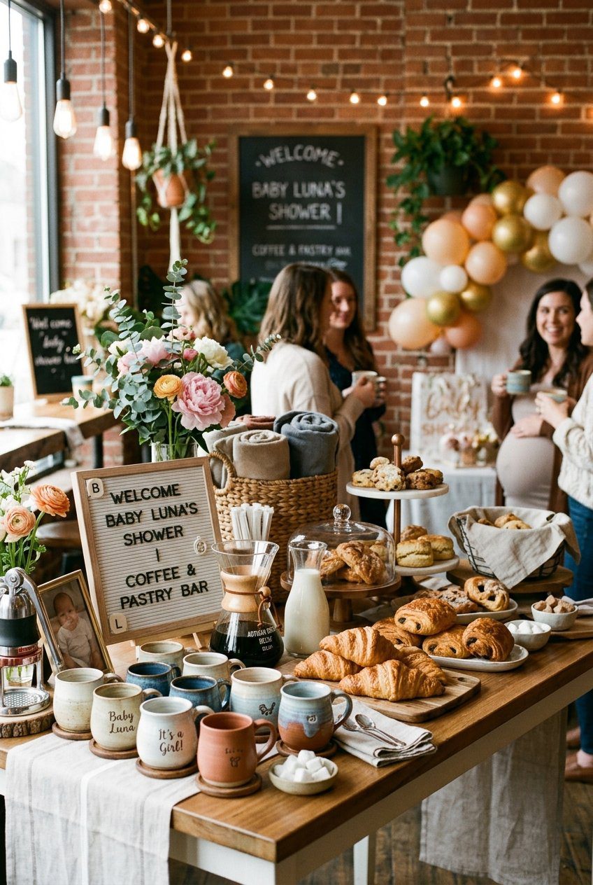 An artisanal morning coffee and pastry bar for a baby shower with ceramic mugs and fresh croissants