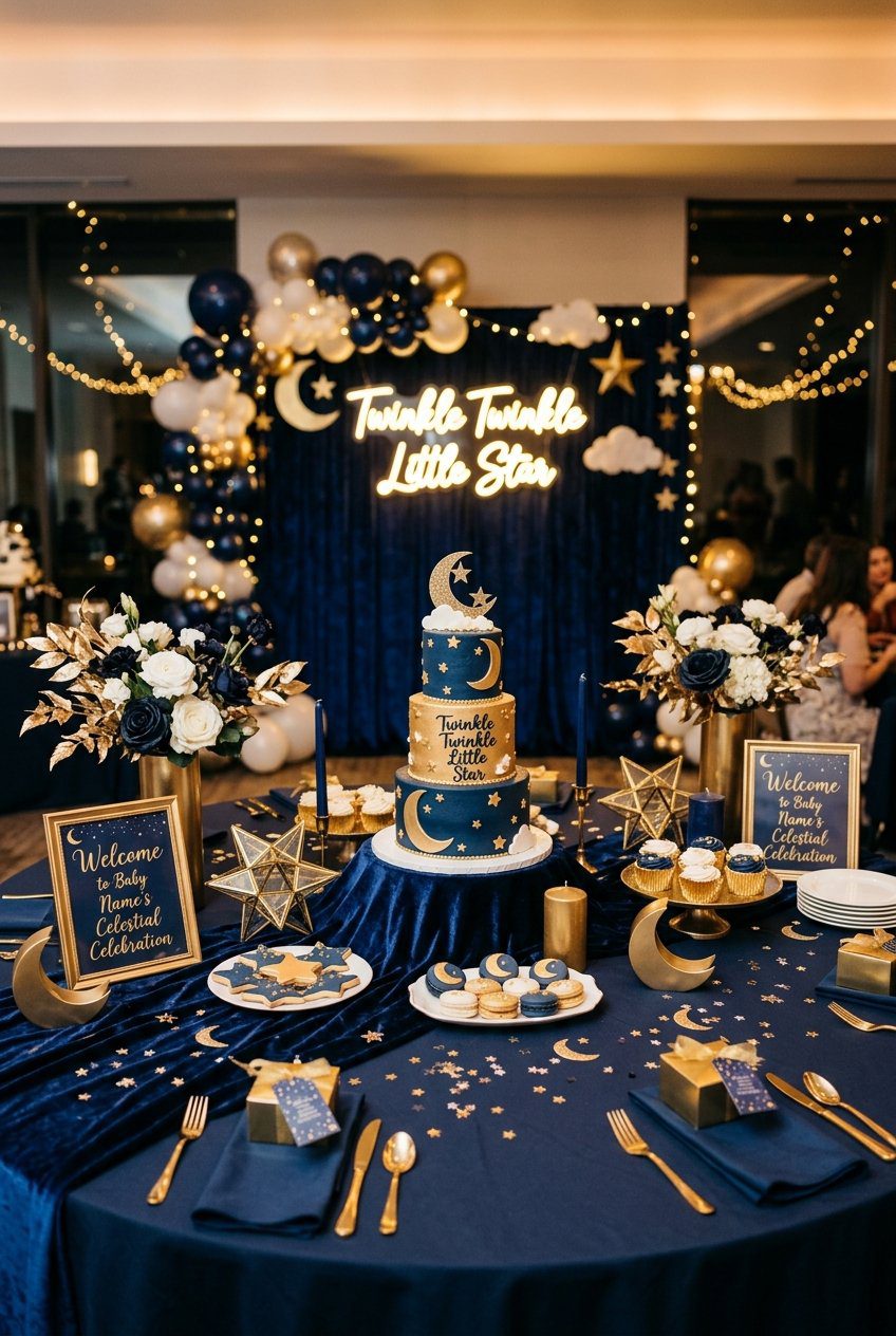 A midnight navy blue and gold celestial baby shower table display with starry decor