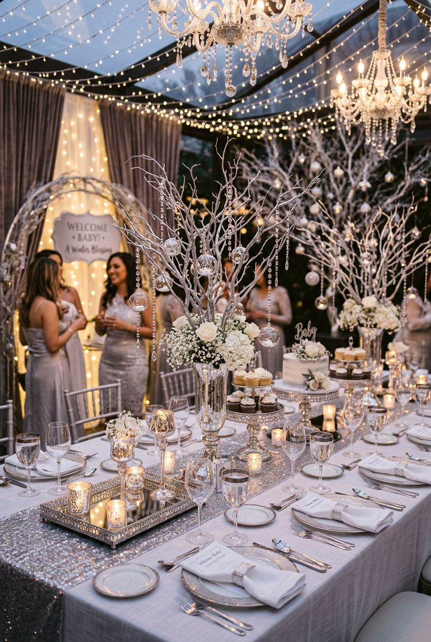 An elegant silver frost baby shower setting with crystal glassware, silver branches, and mirrored trays