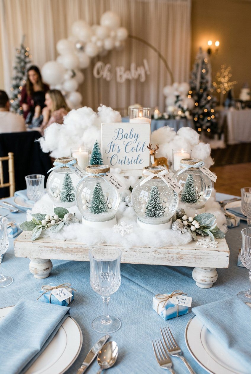 A snow globe themed baby shower centerpieces with mini evergreen trees and soft blue accents