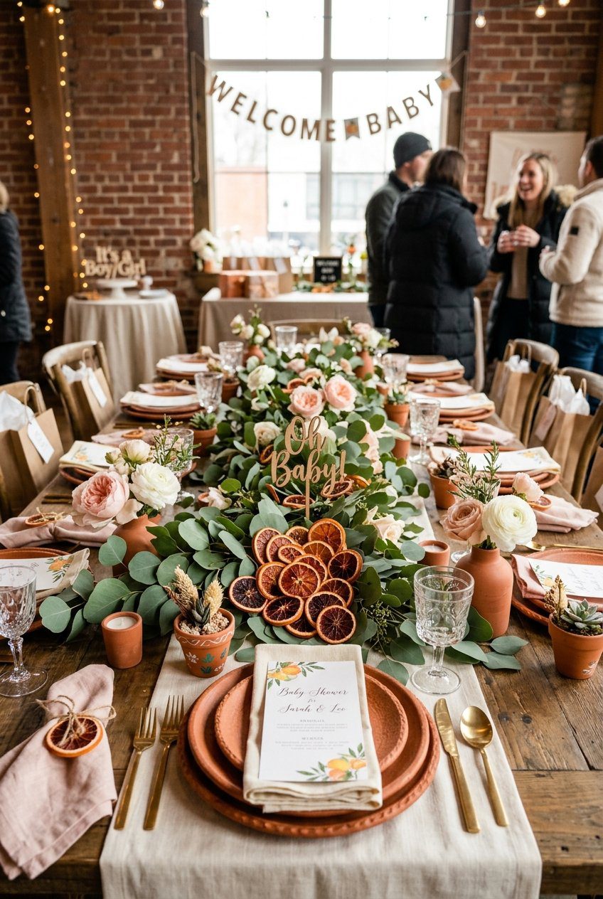 A vibrant winter citrus baby shower table with dried blood orange slices, eucalyptus, and blush flowers