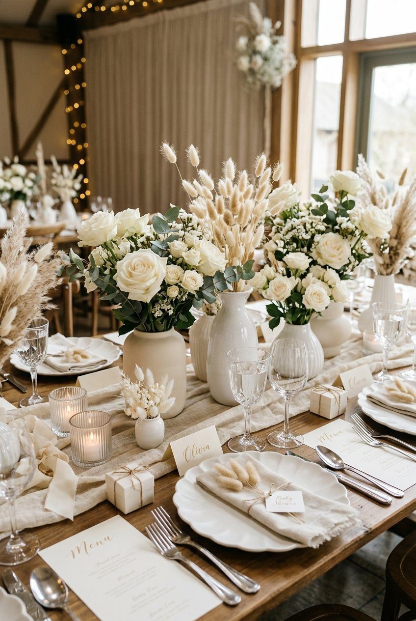 A monochromatic white and cream baby shower table setting with ivory roses and dried bunny tails