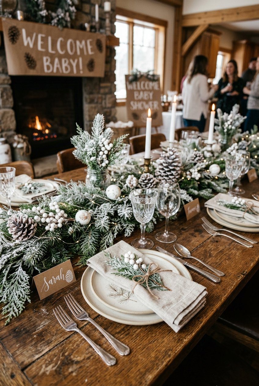 A rustic wooden table setting decorated with frosted pinecones, white berries, and linen napkins