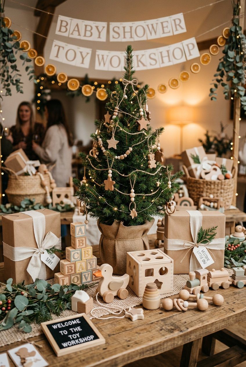 A holiday toy workshop display featuring vintage wooden toys, gift wrapped boxes, and a mini tree