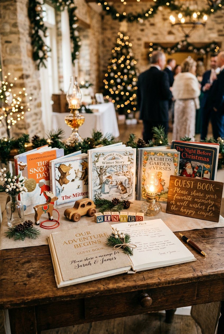 A vintage storybook guest book station styled with classic winter children's books and wooden toys