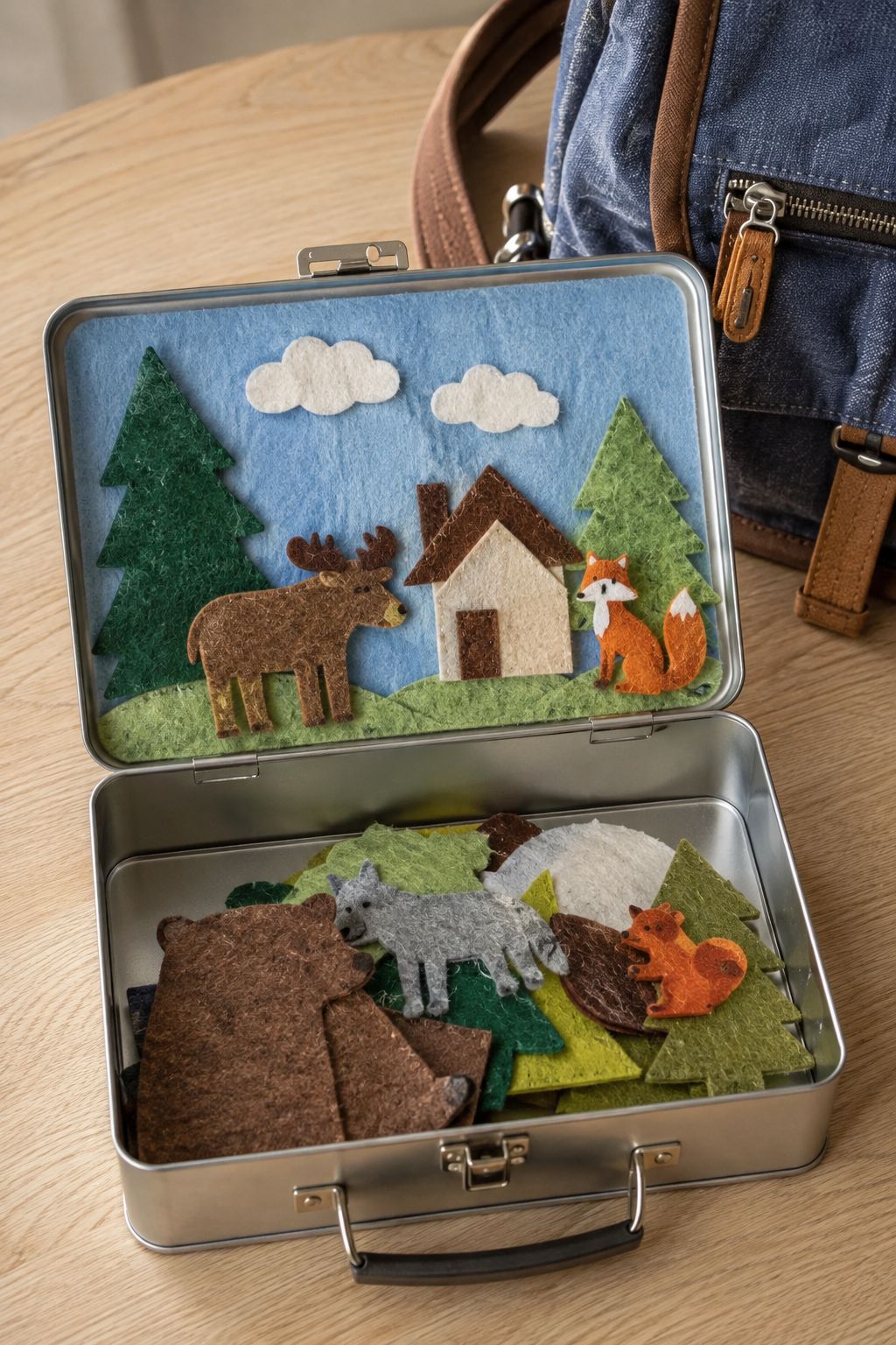Felt board story shapes neatly arranged inside a metal lunchbox with colorful cutout felt trees, clouds, and small animal shapes
