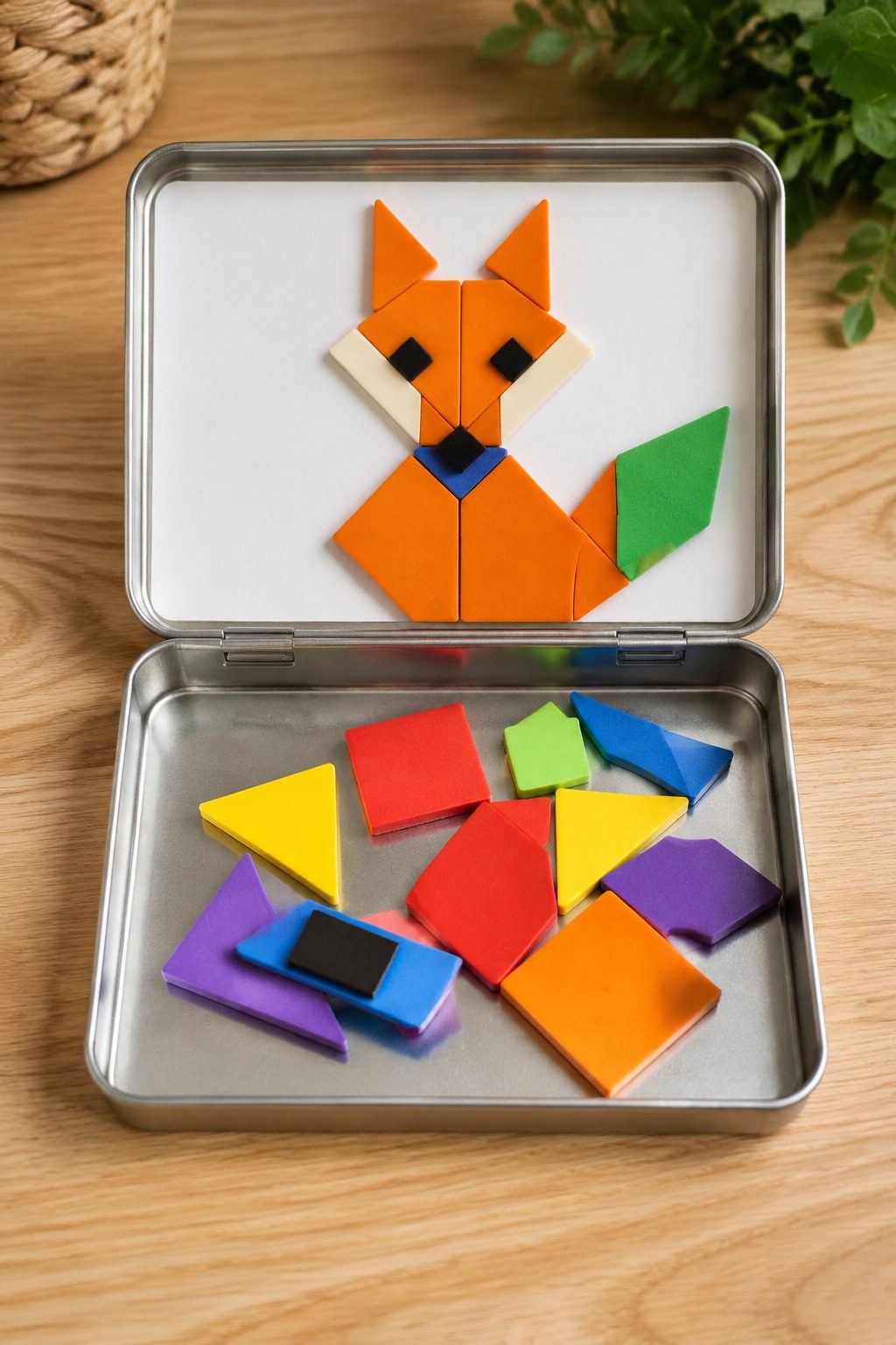 Metal bento box filled with colorful magnetic foam geometric tiles arranged into geometric animal patterns