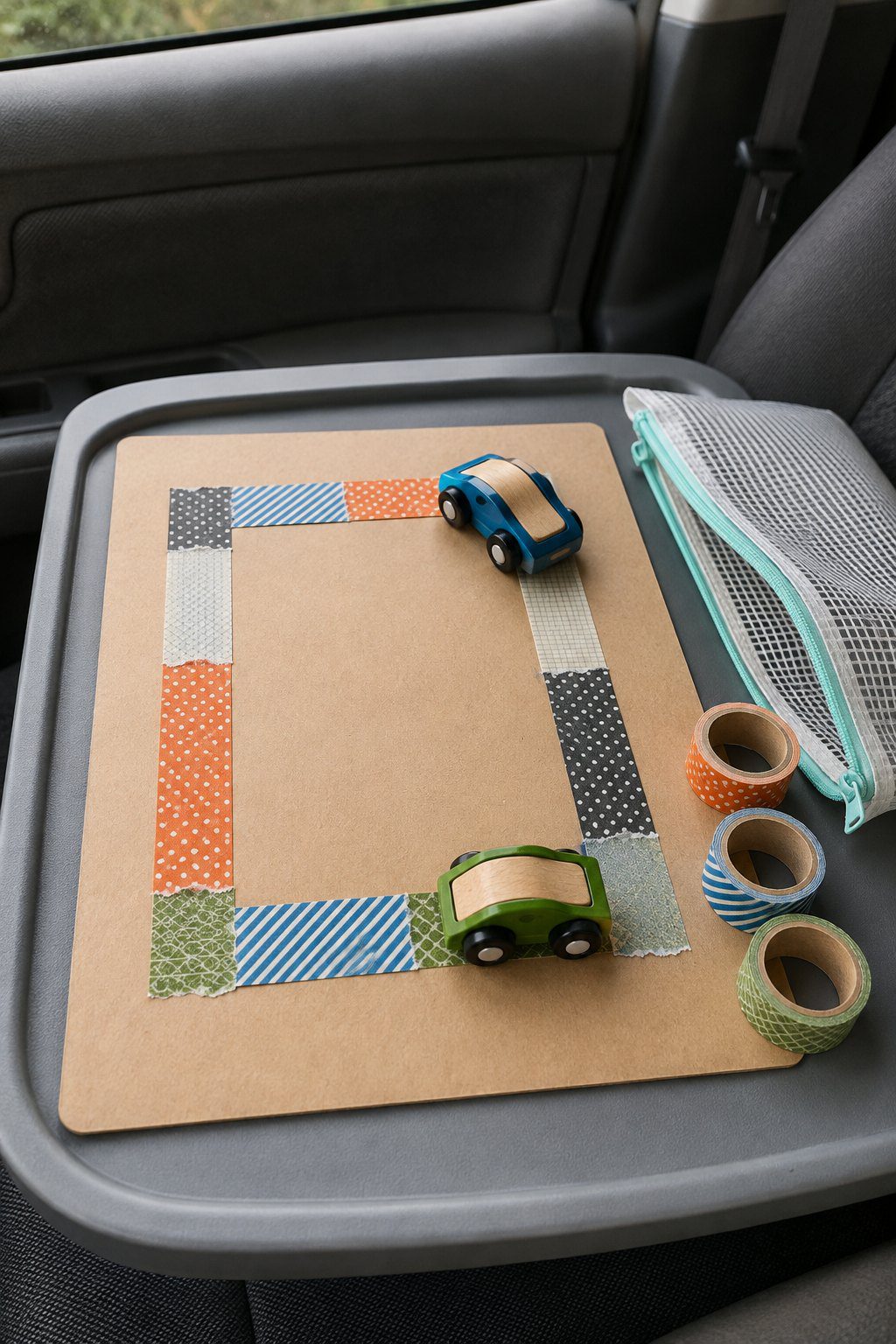 Clear zippered travel pouch containing rolls of colorful pattern tape and small wooden toy cars resting on a lap tray