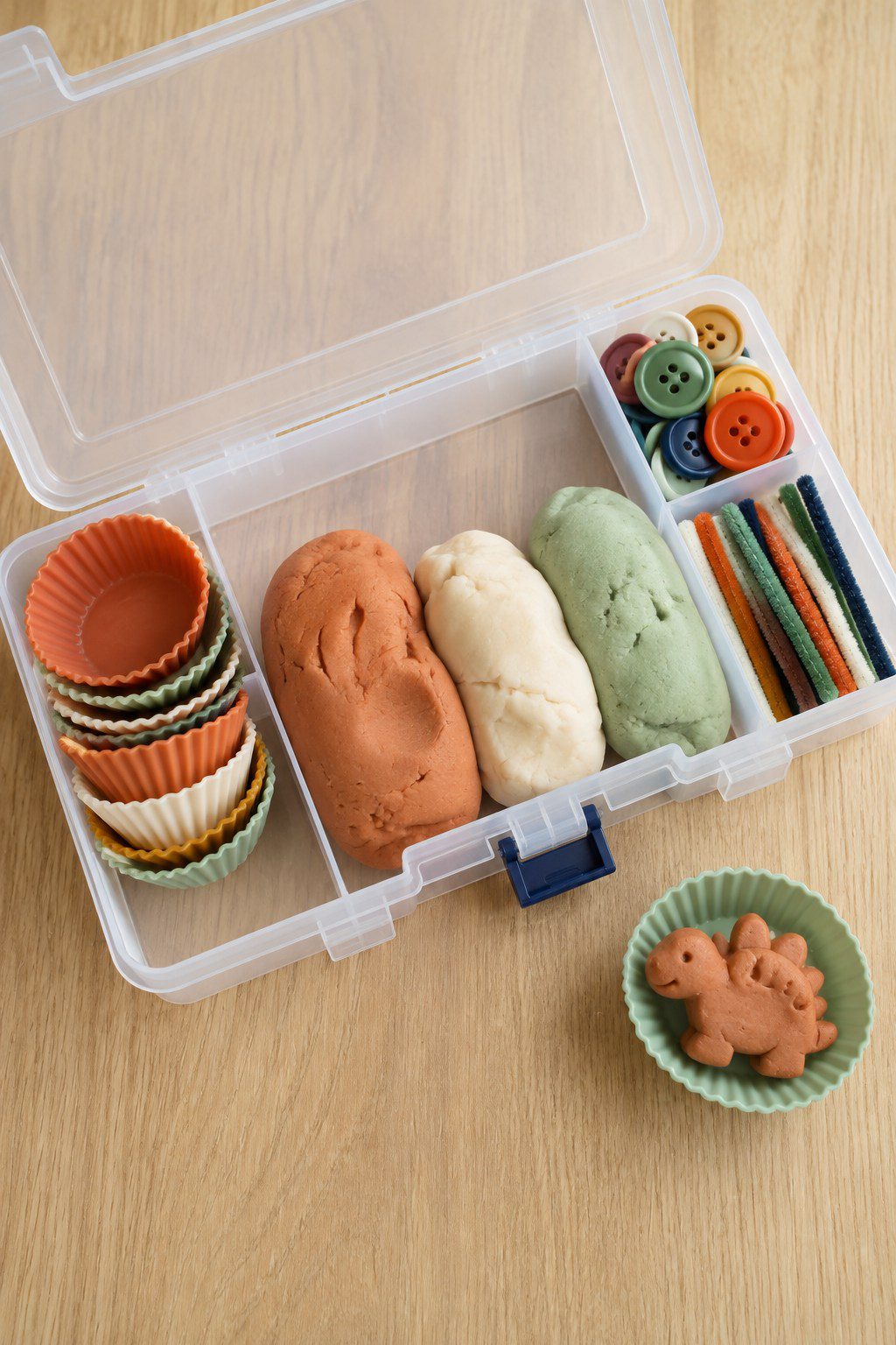 Divided plastic organizer box with sections filled with soft neutral play dough, silicone molds, and pipe cleaners
