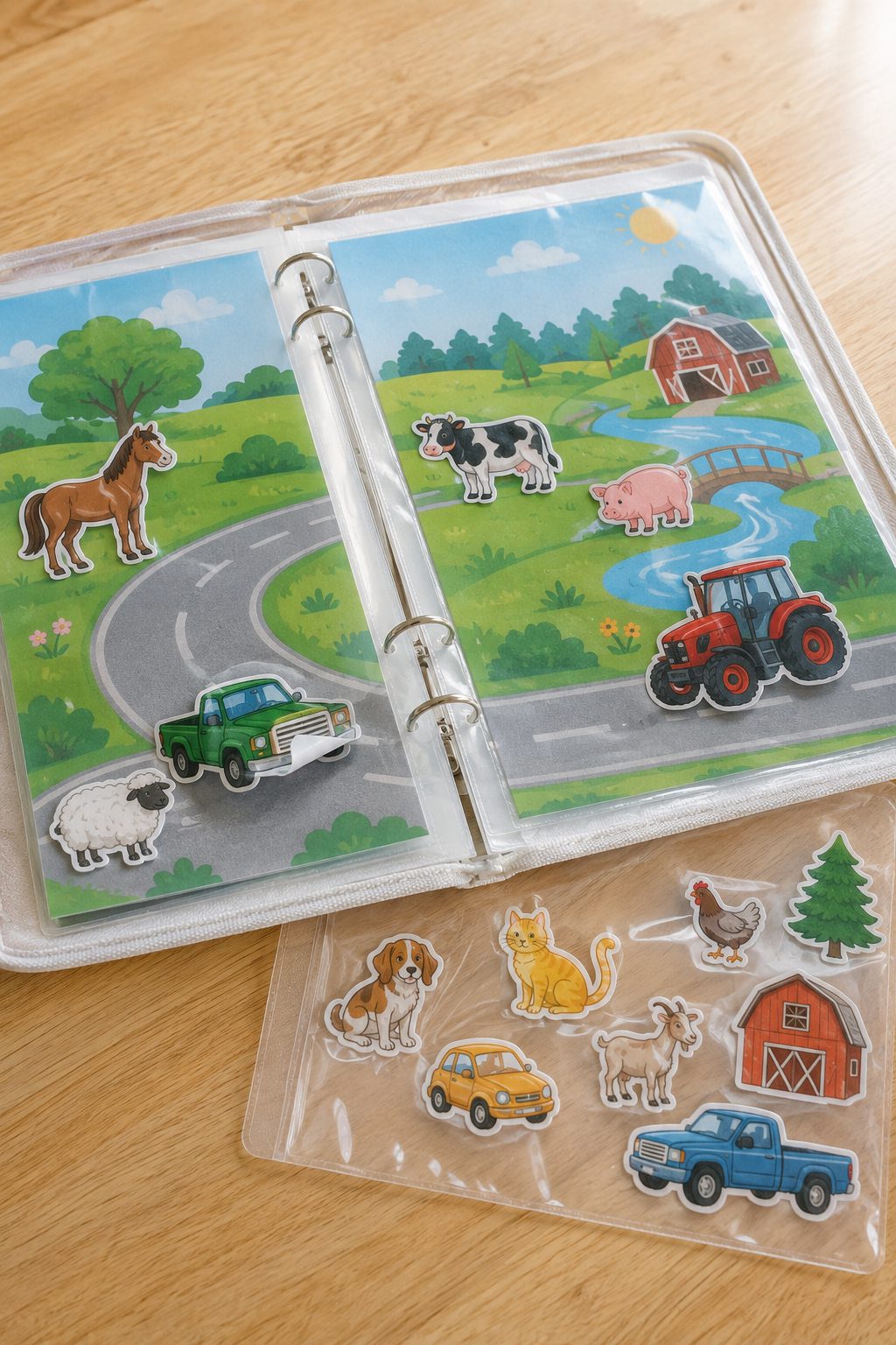 Slim travel binder folder featuring laminated background play mats with repositionable static cling vinyl stickers