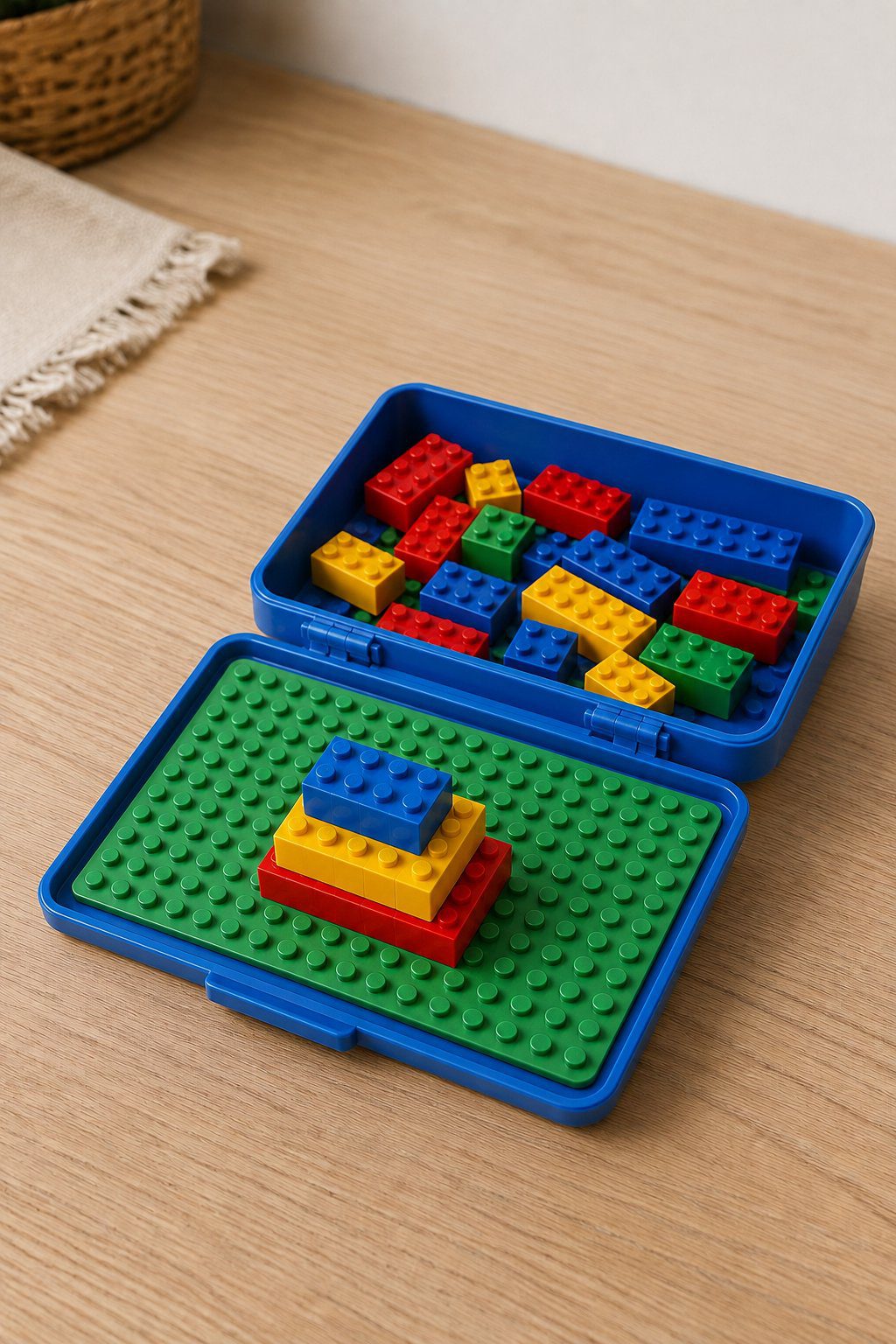 Hard plastic pencil case with a building brick baseplate glued inside the lid and sorted colorful building bricks stored below