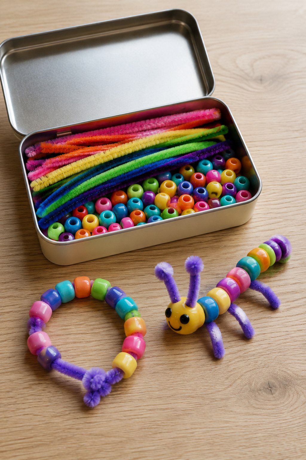 Pocket size hinged metal mint tin packed with pastel chenille stems and smooth plastic pony beads