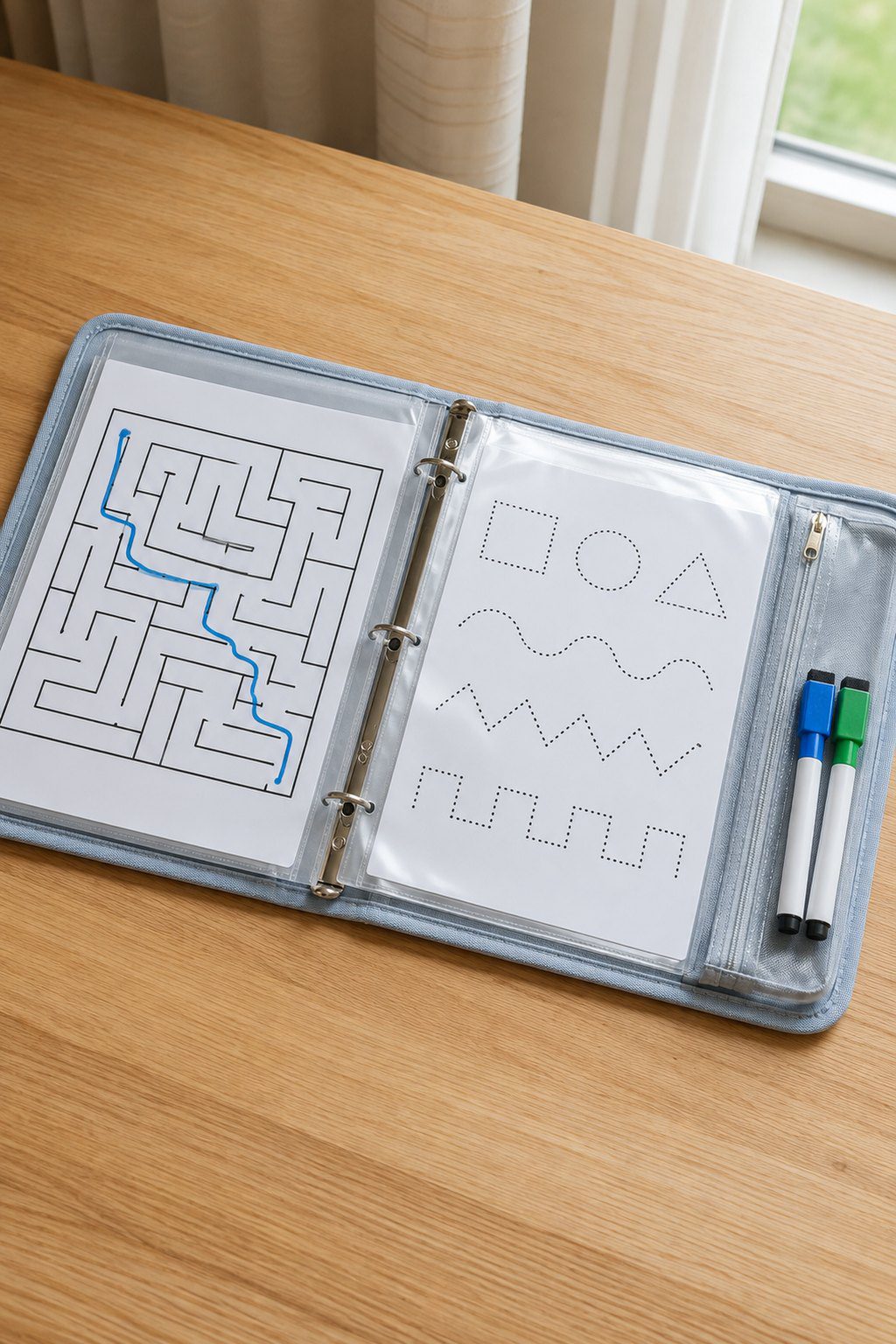 Three-ring binder with sheet protectors containing maze worksheets and attached fine tip dry erase markers with eraser caps
