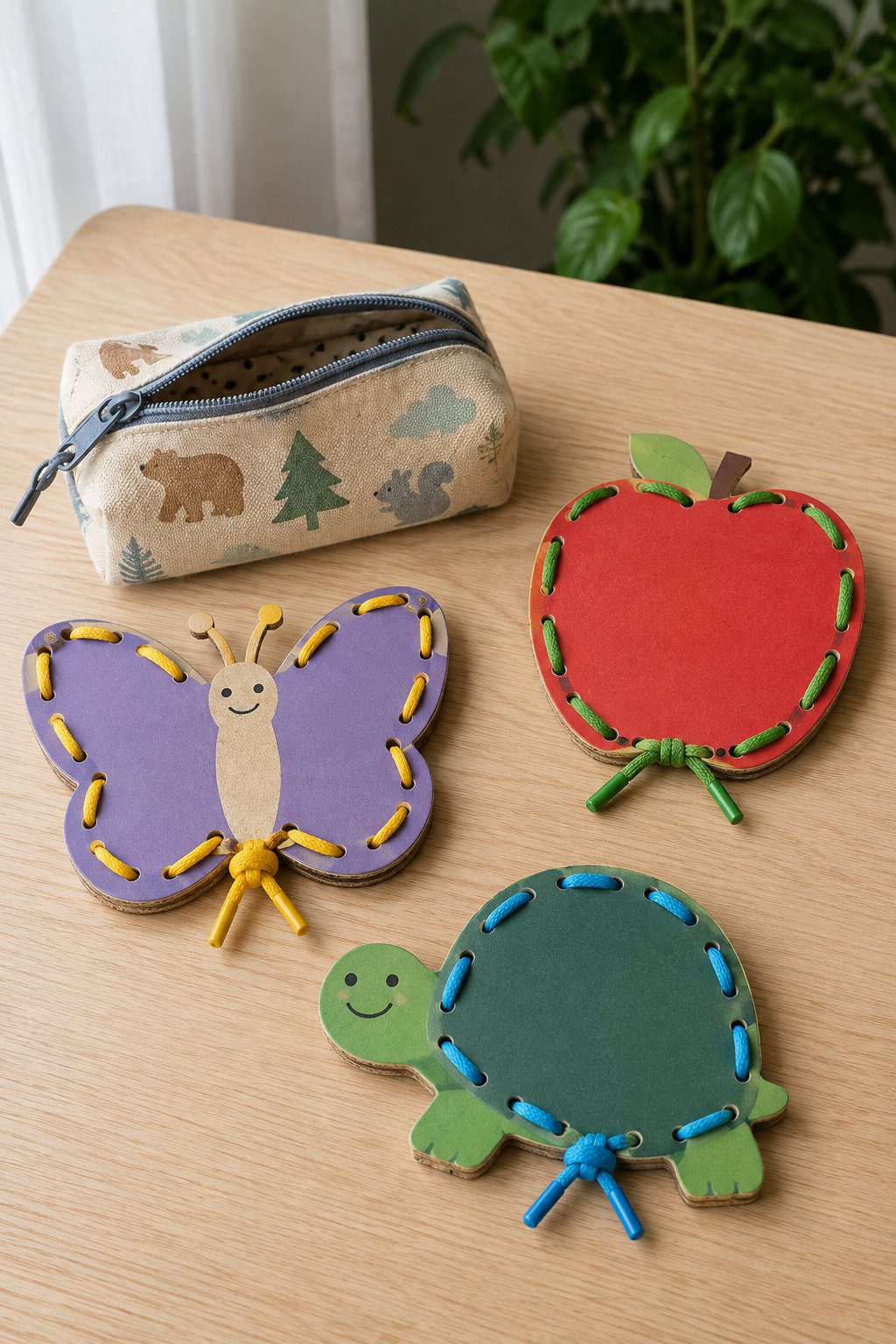 Sturdy cardboard shapes with hole-punched borders threaded with colorful shoelaces tipped with aglet ends
