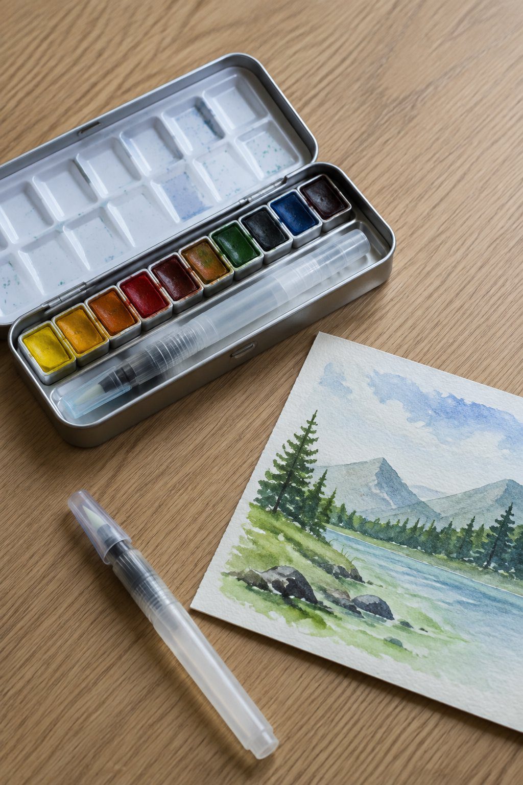 Compact metal tin watercolor paint palette paired with a refillable water-brush pen and small watercolor paper postcard sheets