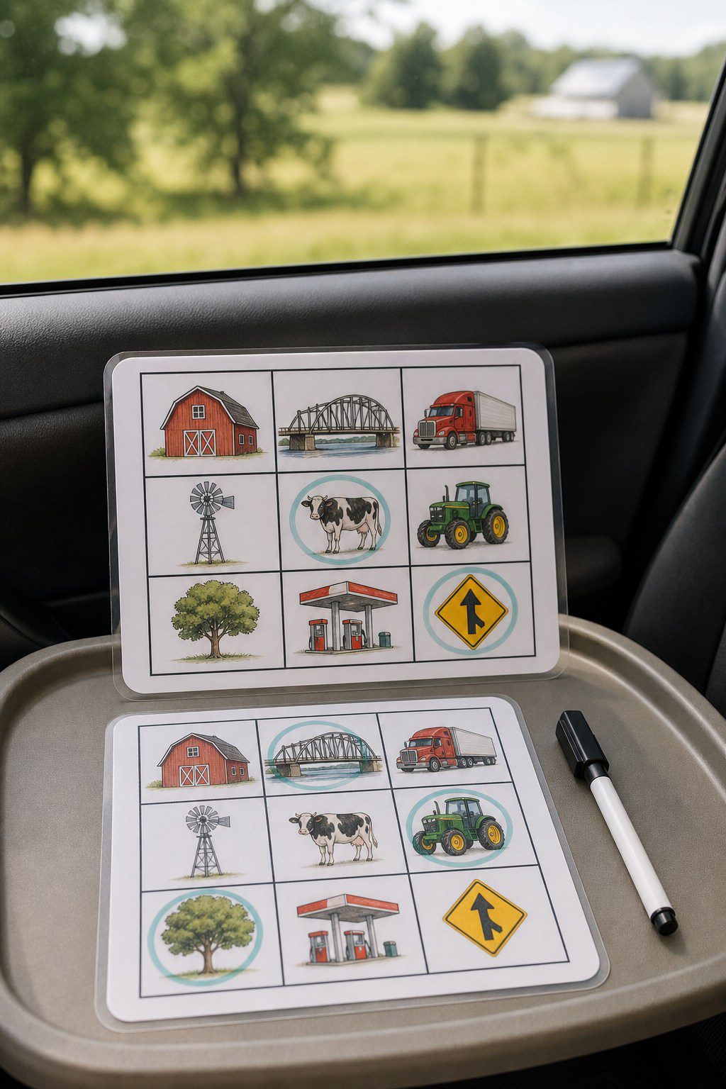 Laminated road trip bingo card featuring icons of red barns, bridges, and semi trucks paired with a dry erase marker
