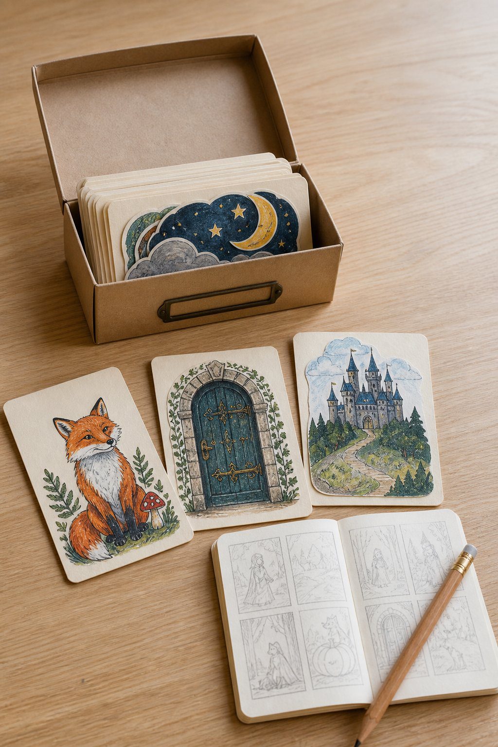 Index card storage box holding illustration prompt cards alongside a mini drawing pad and colored pencils