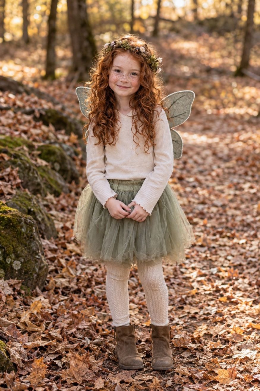 Vintage woodland fairy outfit featuring layered sage green tulle skirt, felt wings, and a delicate faux moss floral headband
