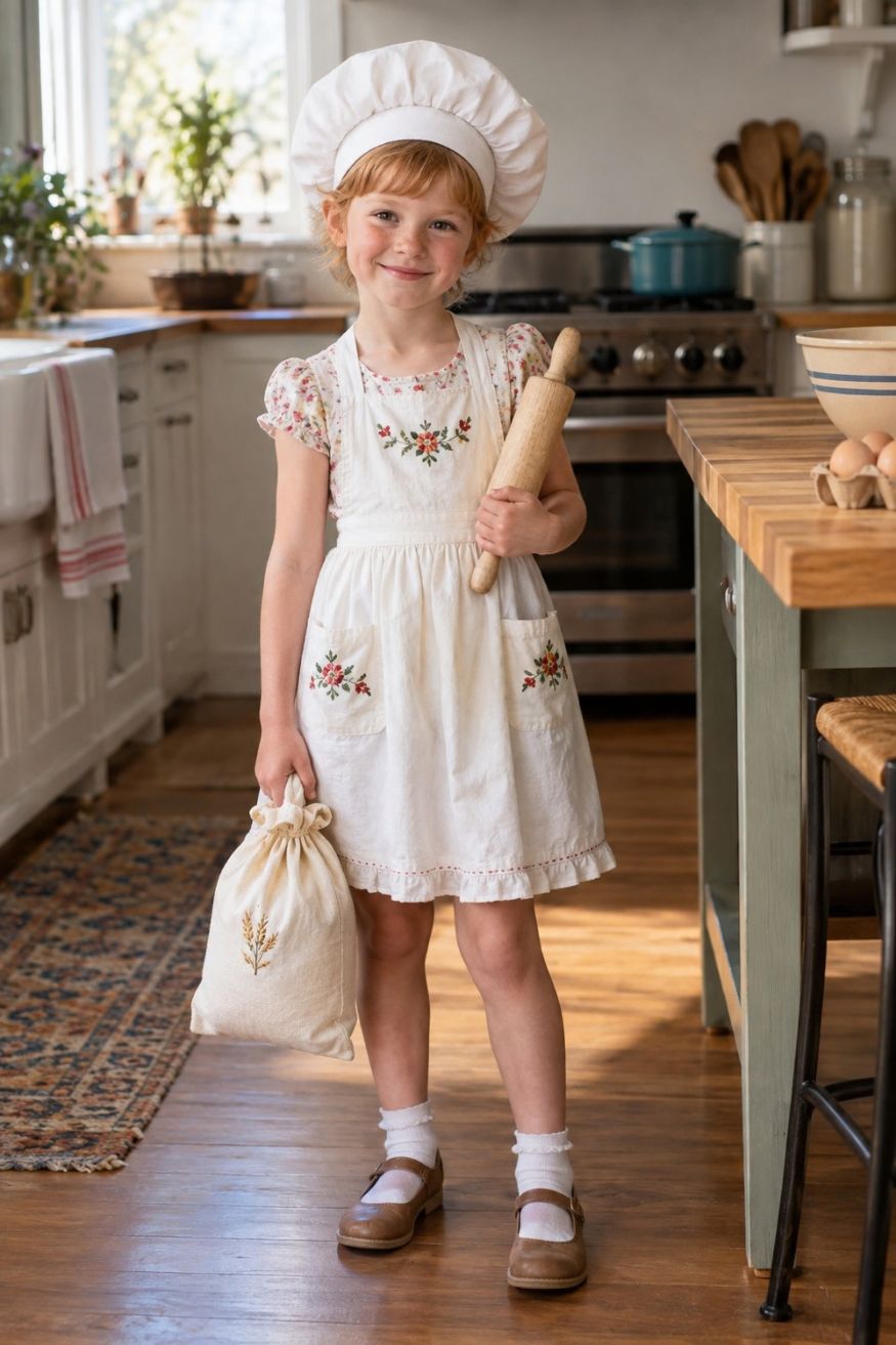 Embroidered linen apron dress worn over white shirt paired with puffy baker chef hat and wooden rolling pin
