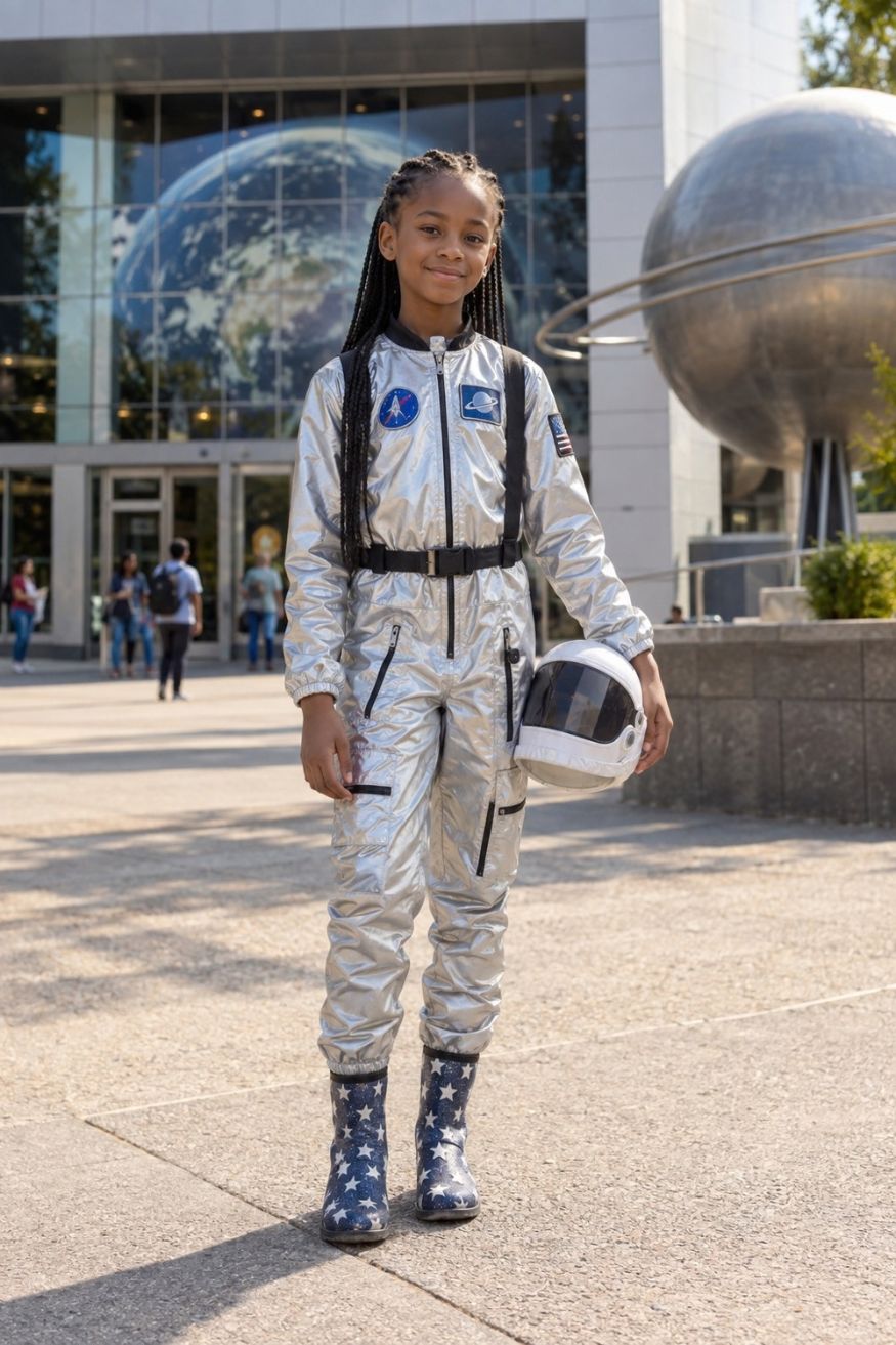 Silver metallic zip front space jumpsuit with NASA style embroidered patches and star boots
