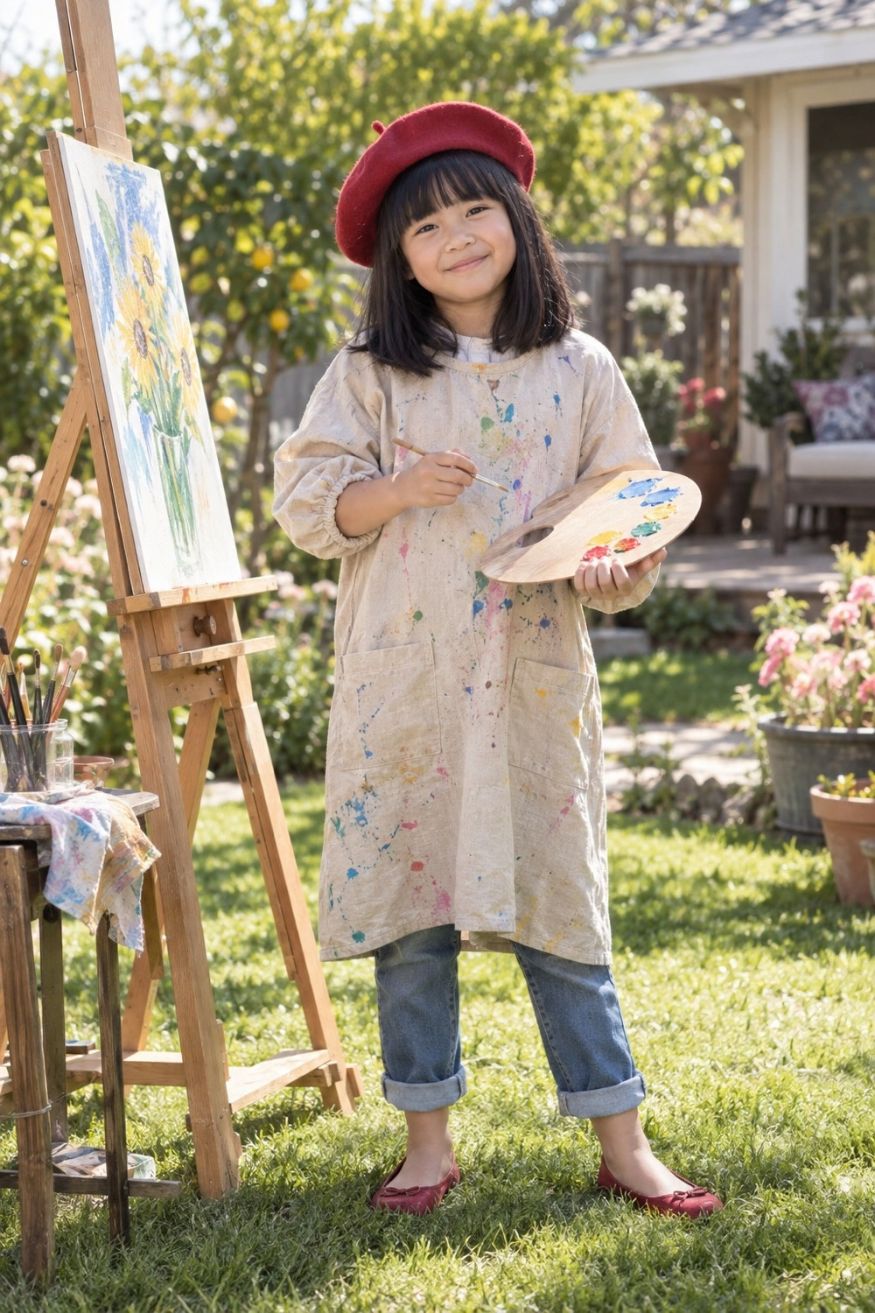 Linen smock dress painted with colorful paint splatters paired with red felt beret and painter palette