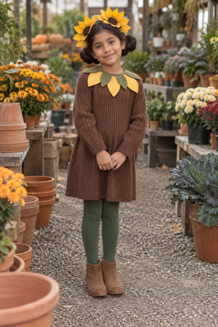 Brown sweater dress with felt flower petal neck collar and oversized sunflower headband