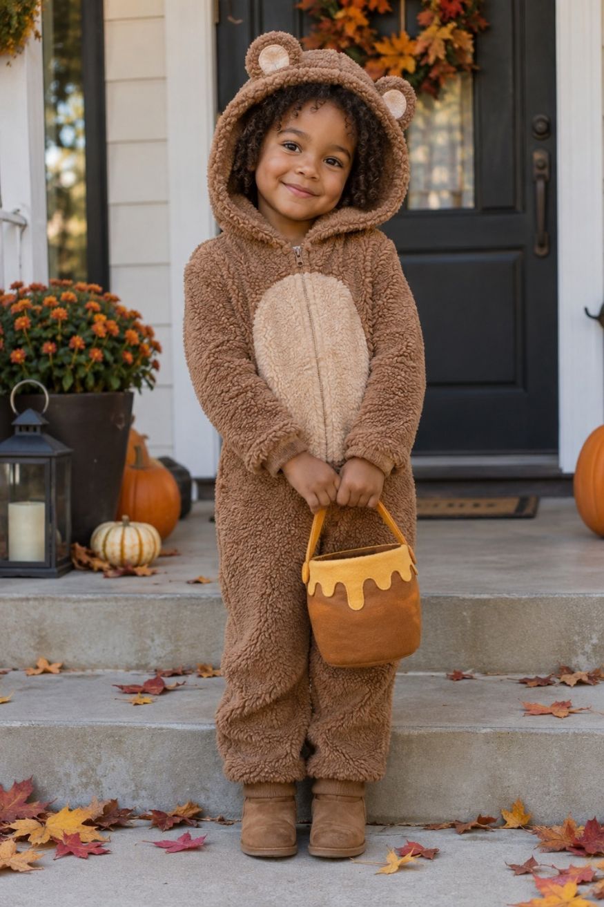 Sherpa fleece bear cub romper with bear ear hood paired with felt honey pot bucket