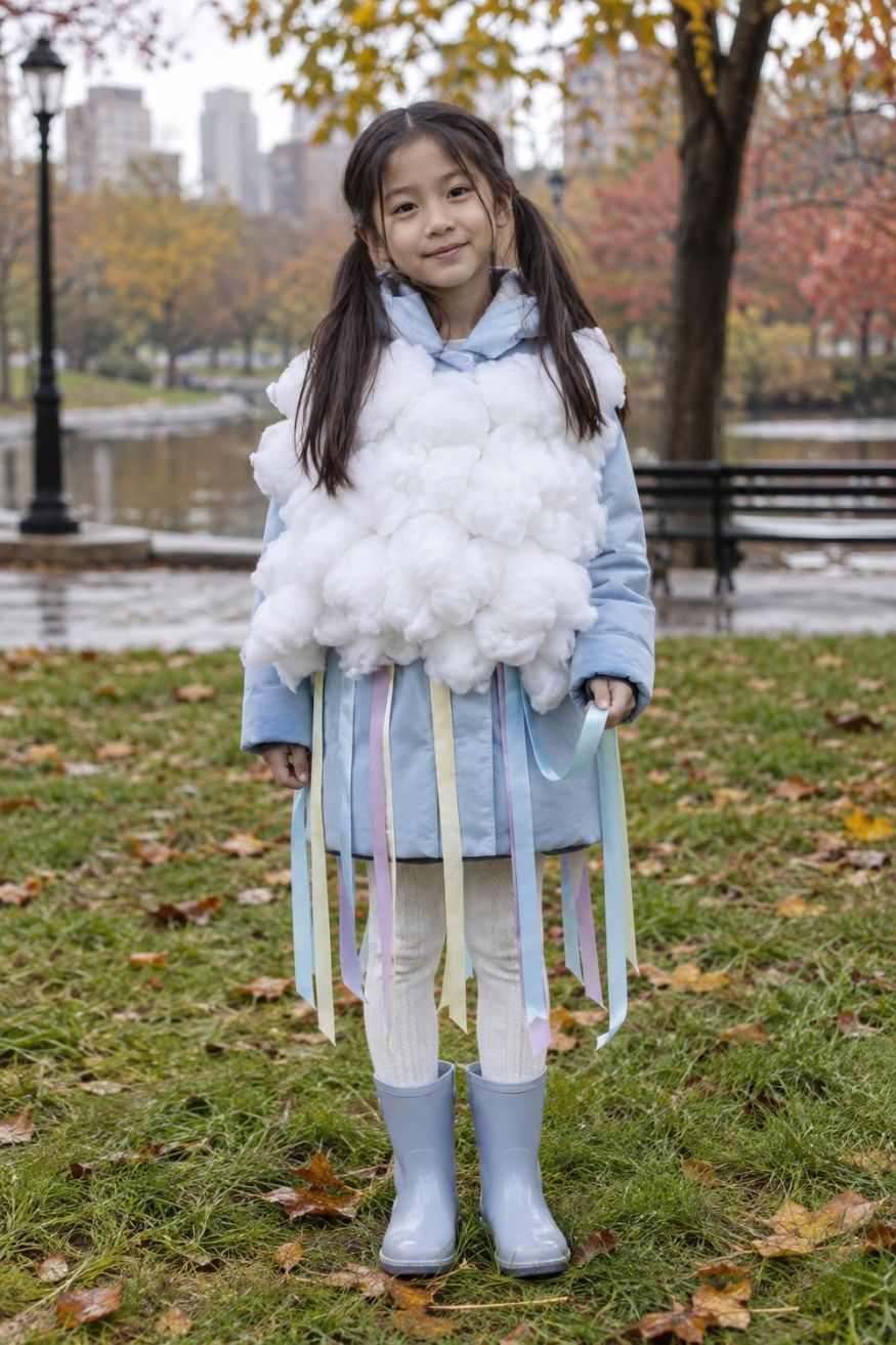 White fluffy batting cloud tunic with trailing pastel satin ribbons at hem worn over soft leggings