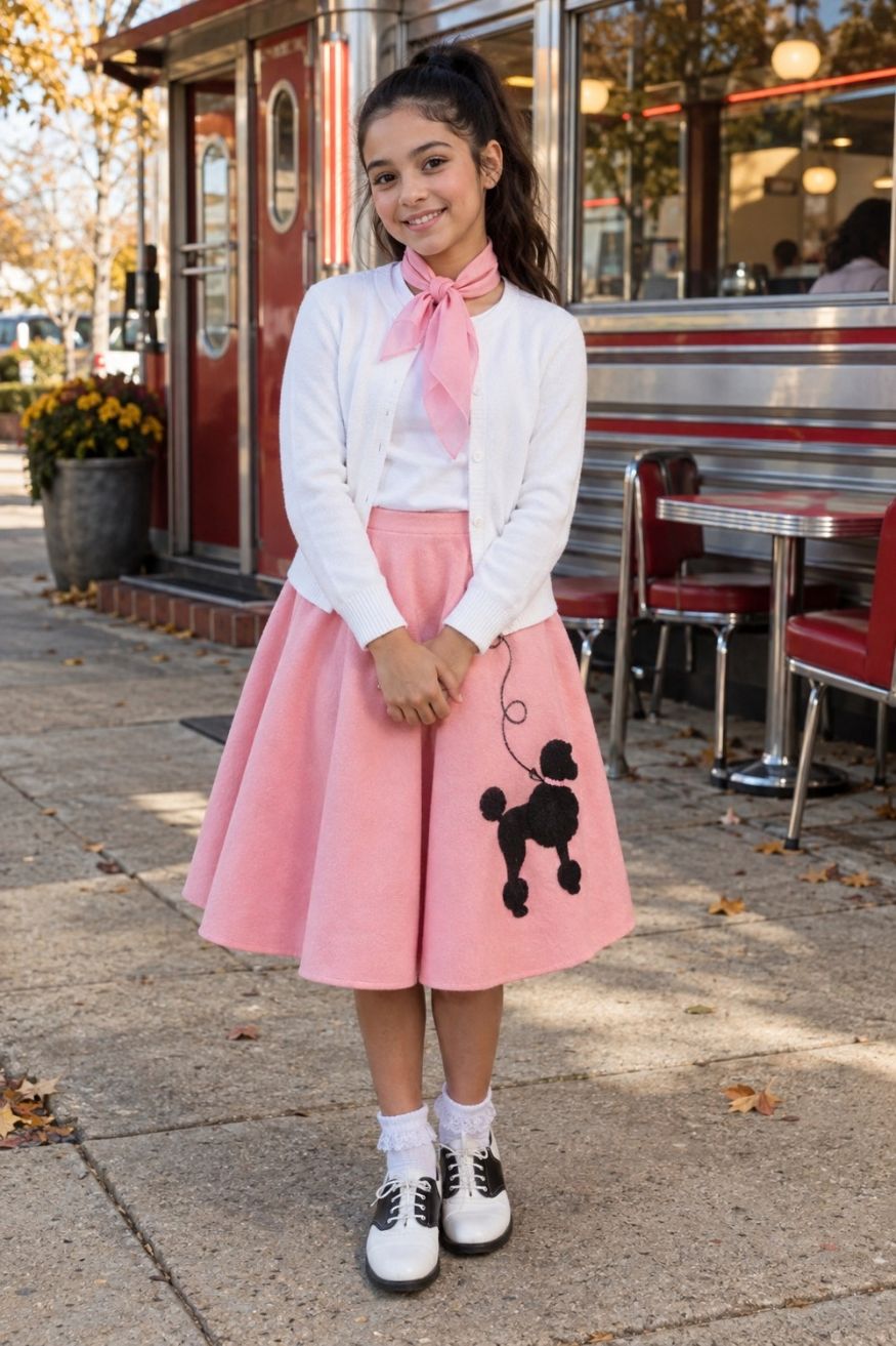 Felt poodle circle skirt paired with white cardigan knit sweater and pink neck scarf